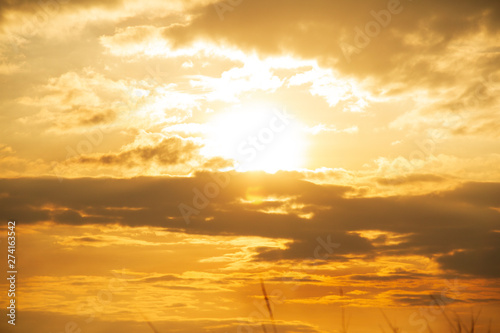 Evening weather, Golden sky and cloud with Light sunshine, Dark shadow meadow in the field.