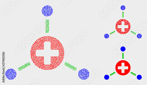 Dotted and mosaic medical center links icons. Vector icon of medical center links formed of irregular circle pixels. Other pictogram is formed from small squares.