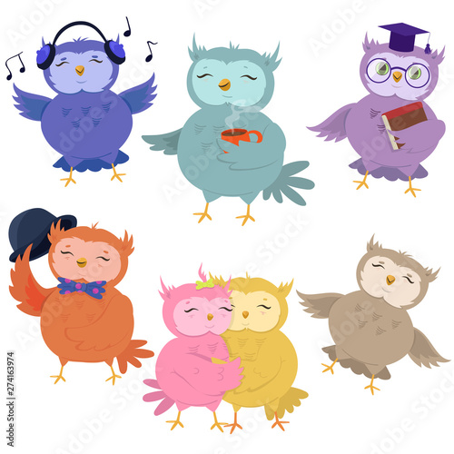 Set of cute owls isolated on white background. Vector illustration.