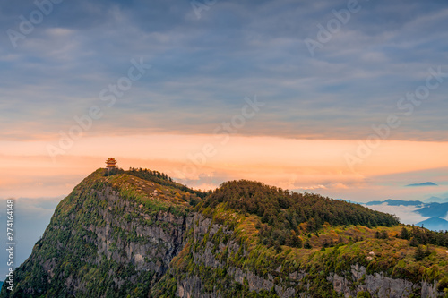 Mountains and seas of clouds at dusk, Emei Mountain, Sichuan Province, China photo