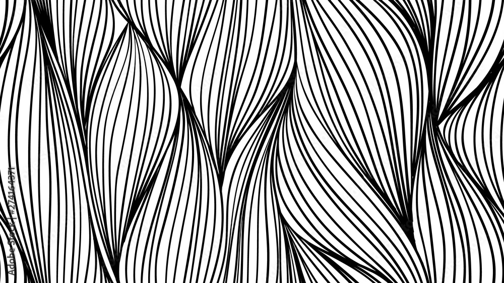 Seamless pattern, hand drawn vertical outline black ink abstract curve on white background