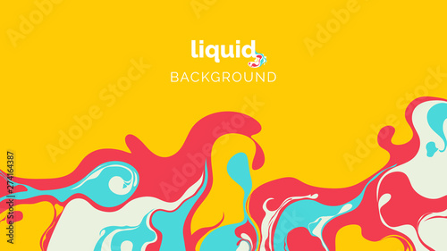Abstract liquid background, in warm red, blue and light green ink on yellow photo