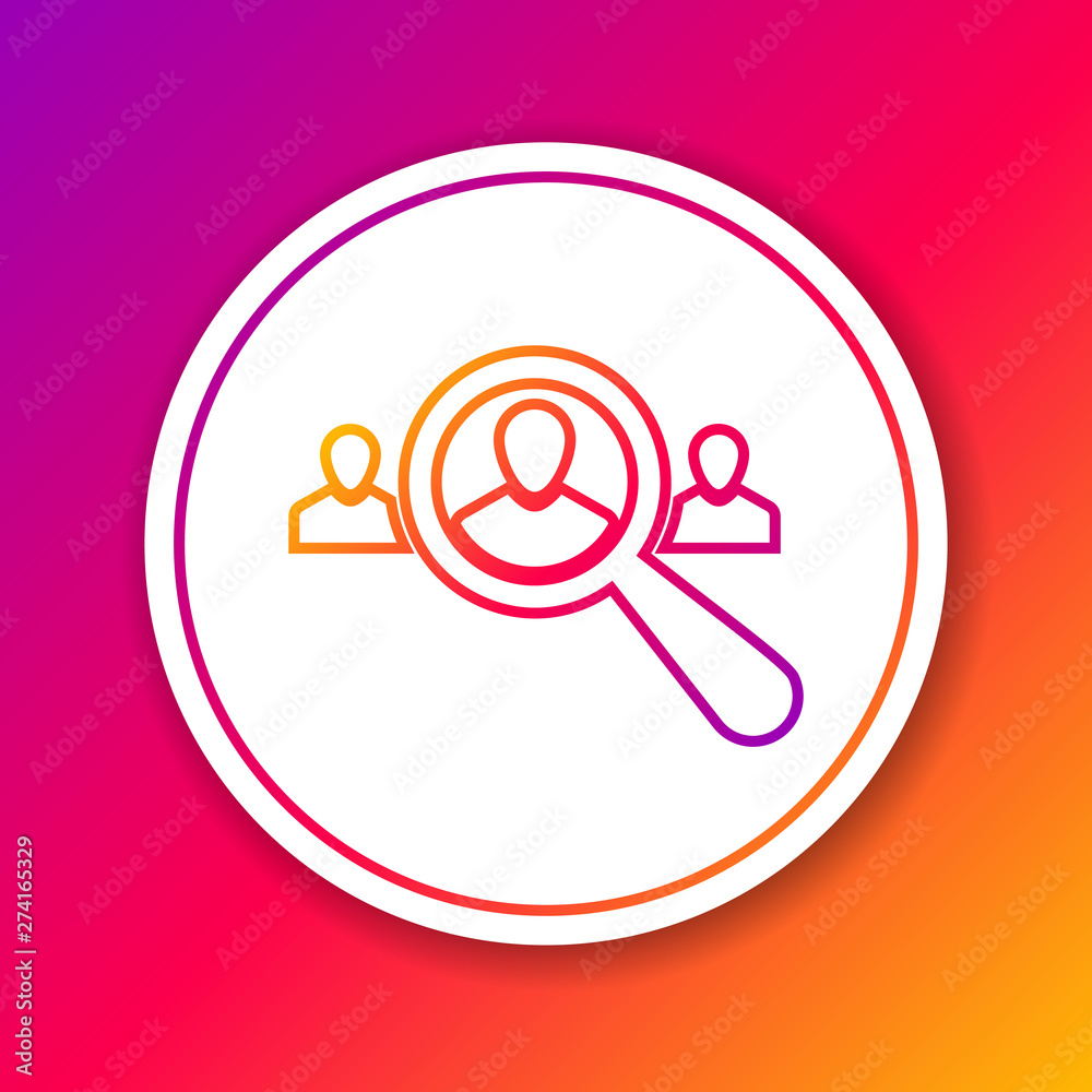 Color Magnifying glass for search a people line icon on color background. Recruitment or selection concept. Search for employees and job, human resource. Circle white button. Vector Illustration