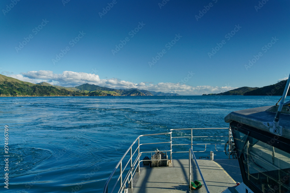 Passing through French Pass from the east, Marlborough Sounds, New Zealand.