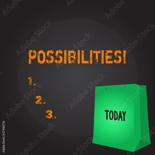 Conceptual hand writing showing Possibilities. Concept meaning Things that may happen or be the case State of being possible Color Gift Bag with Punched Hole on Two toned Blank Space photo