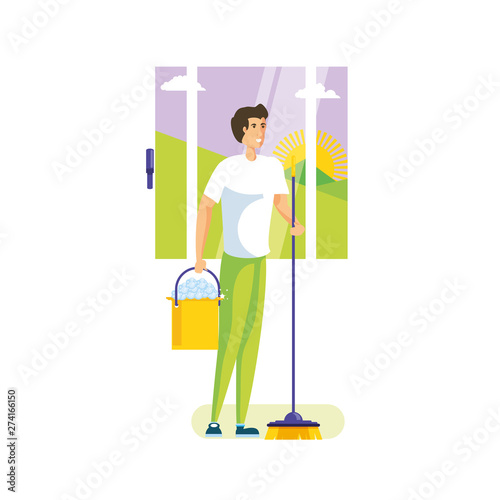 Isolated man cartoon cleaning design