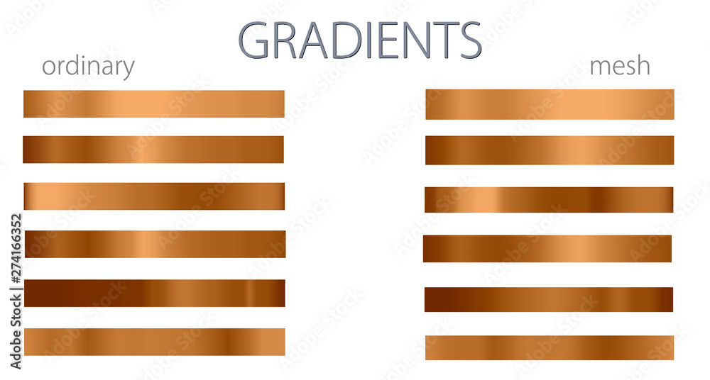 Yellow gradients. Set or palette. Mesh and regular gradients. Golden colors. For designers. Vector illustration. Holiday colors. Graphic resources. Yellow and orange color.
