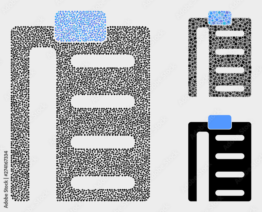 Dotted and mosaic pad list items icons. Vector icon of pad list items formed of randomized circle elements. Other pictogram is formed from elements.