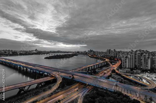 Canvas Print A night view of the Han River near Mapo Bridge, seoul korea( Black/white filteri
