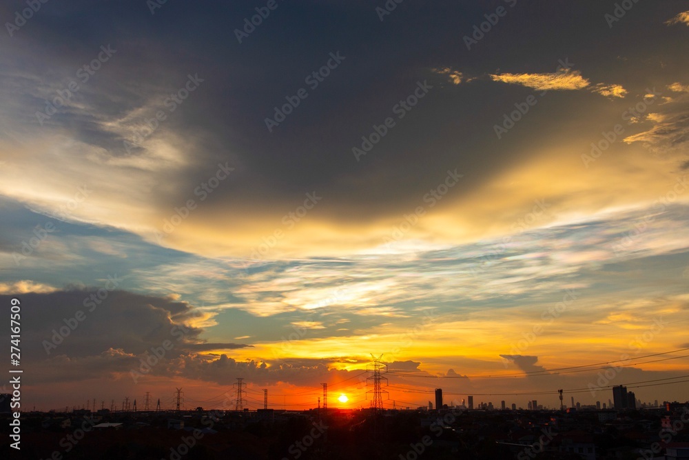 high voltage pole , silhouette , Sunset