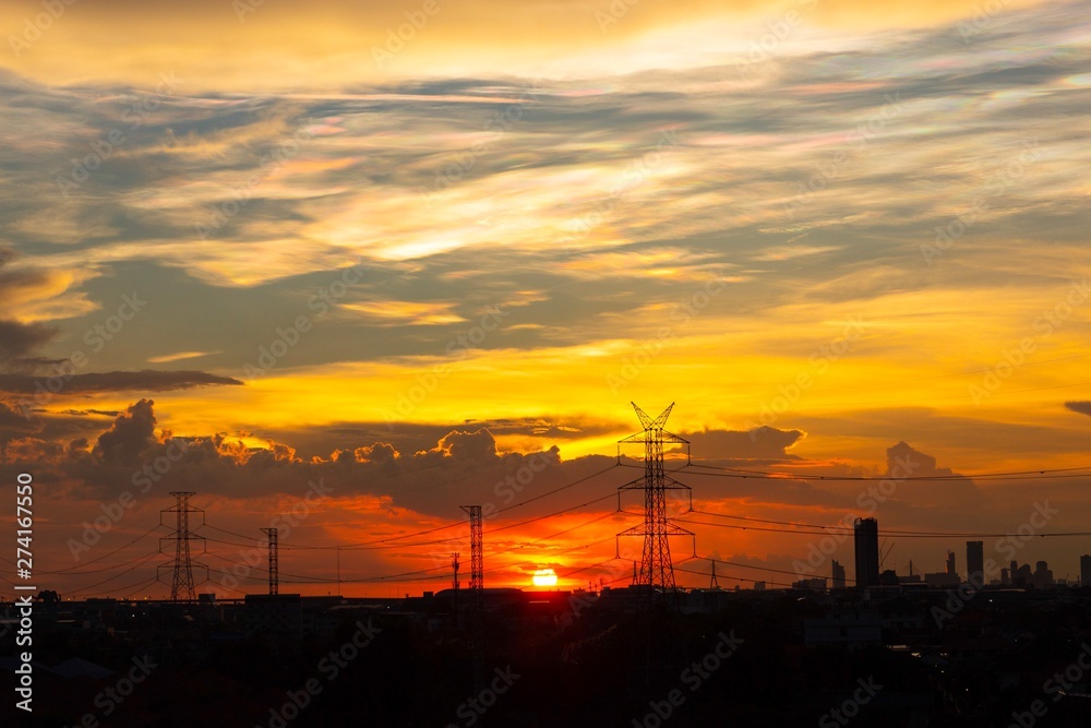high voltage pole , silhouette , Sunset