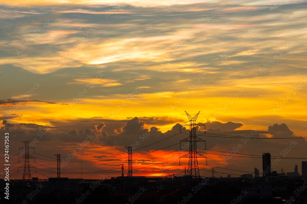 high voltage pole , silhouette , Sunset