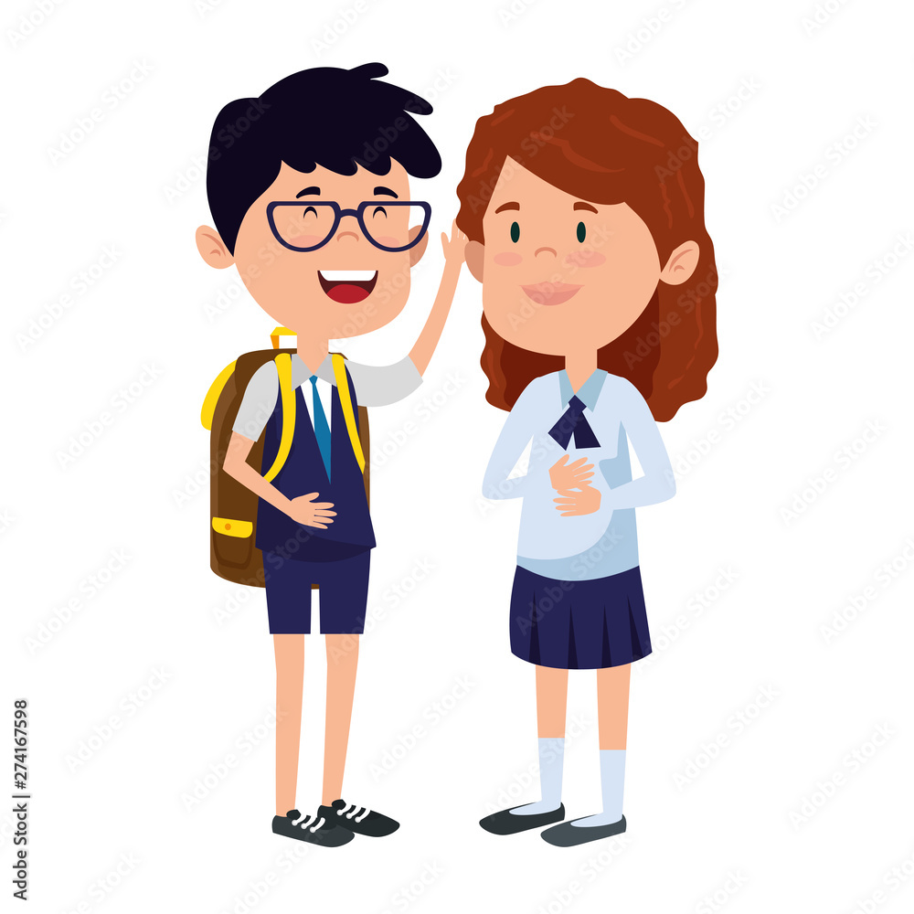 happy little students couple with schoolbag happy little students couple with schoolbag