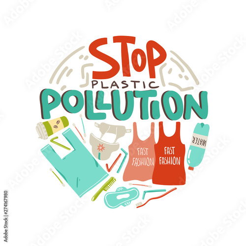 Vector round illustration with hand drawn pollution elements