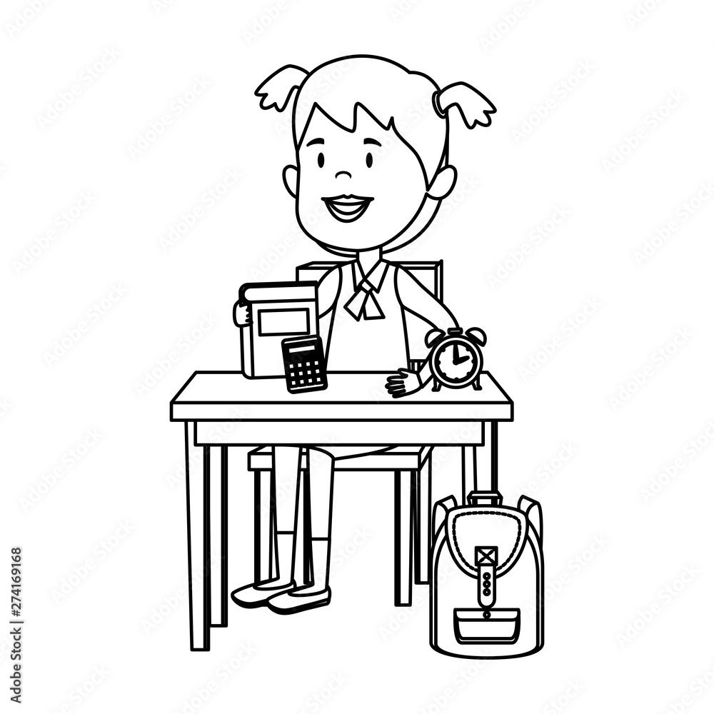 happy student girl with supplies seated in school desk happy student girl with supplies seated in school desk