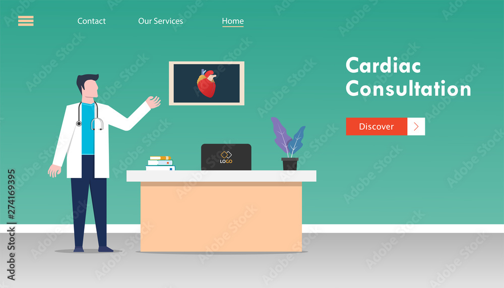 Cardiac consultation concept. doctor or cardiologist shows his room. healthcare to provide heart and vascular caring for all patient. template for landing page, banner, poster, ad or print media.