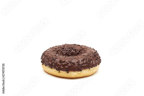 Tasty chocolate donut isolated on white background.