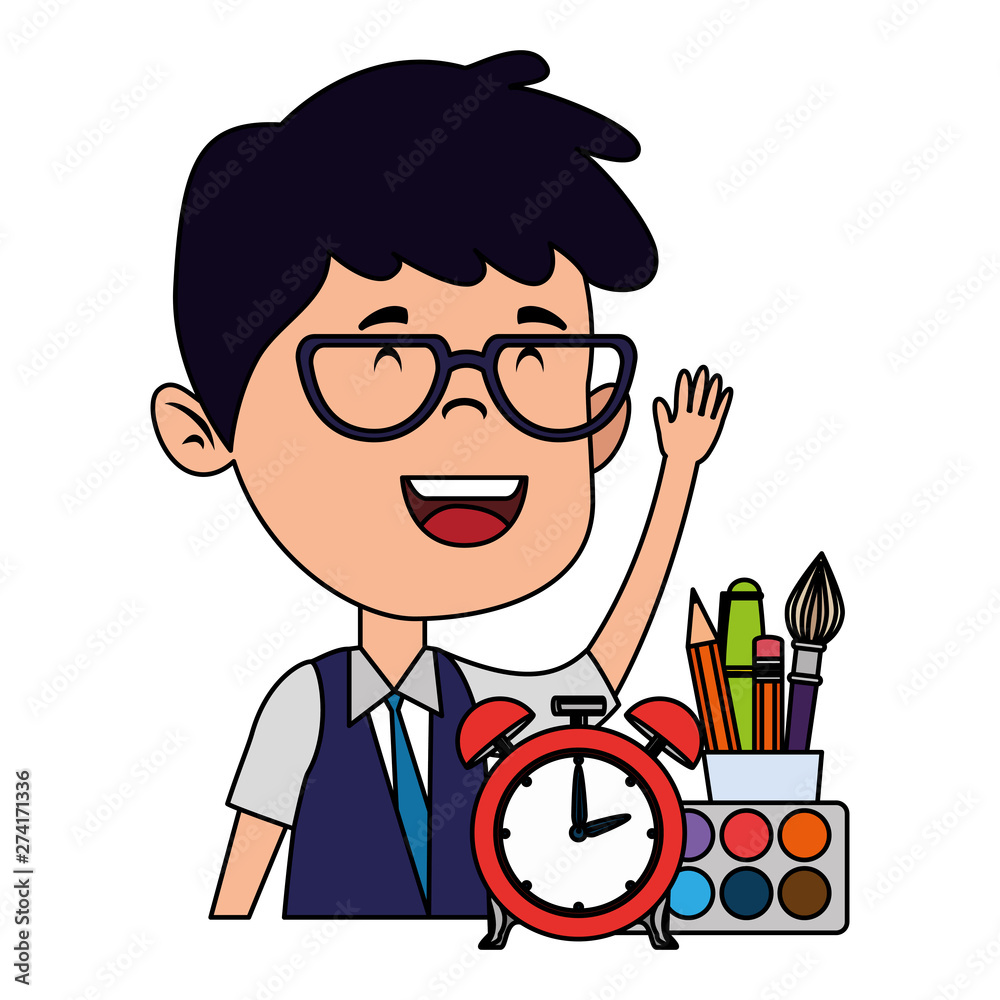 happy student boy with alarm clock and supplies