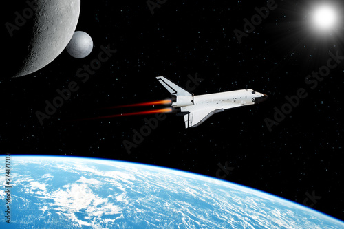 Fototapeta Naklejka Na Ścianę i Meble -  Space shuttle orbiting in  a space over the earth planet and starry background. Elements of this image furnished by NASA.