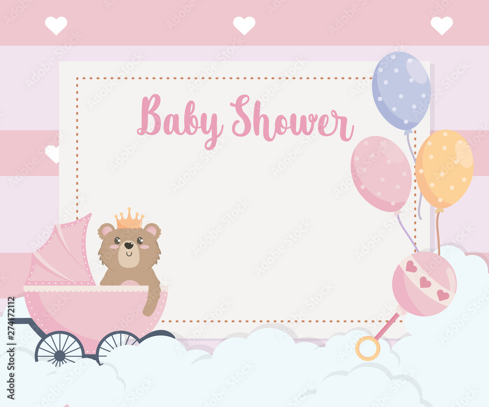 card of teddy bear and balloons with carriage