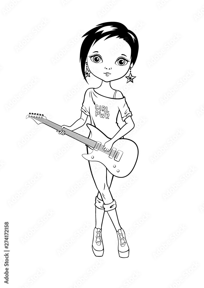 Coloring page outline of cartoon cute girl plays electric guitar. Coloring book. Vector illustration. Coloring page outline of cartoon cute girl plays electric guitar. Coloring book. Vector illustration.