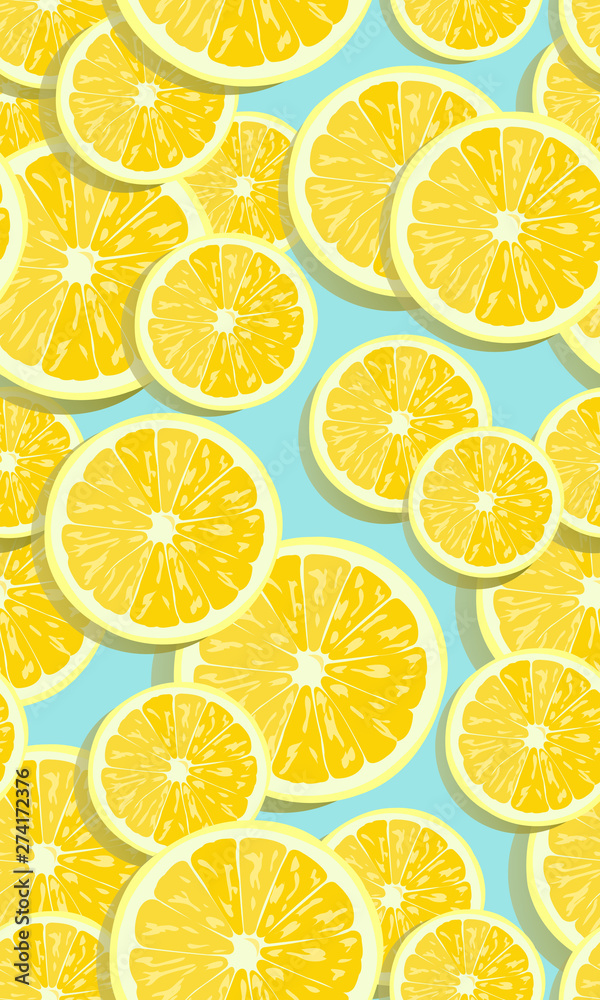 Lemon fruits slice seamless pattern overlapping on blue background with shadow. citrus fruits vector illustration. Lemon fruits slice seamless pattern overlapping on blue background with shadow. citrus fruits vector illustration.