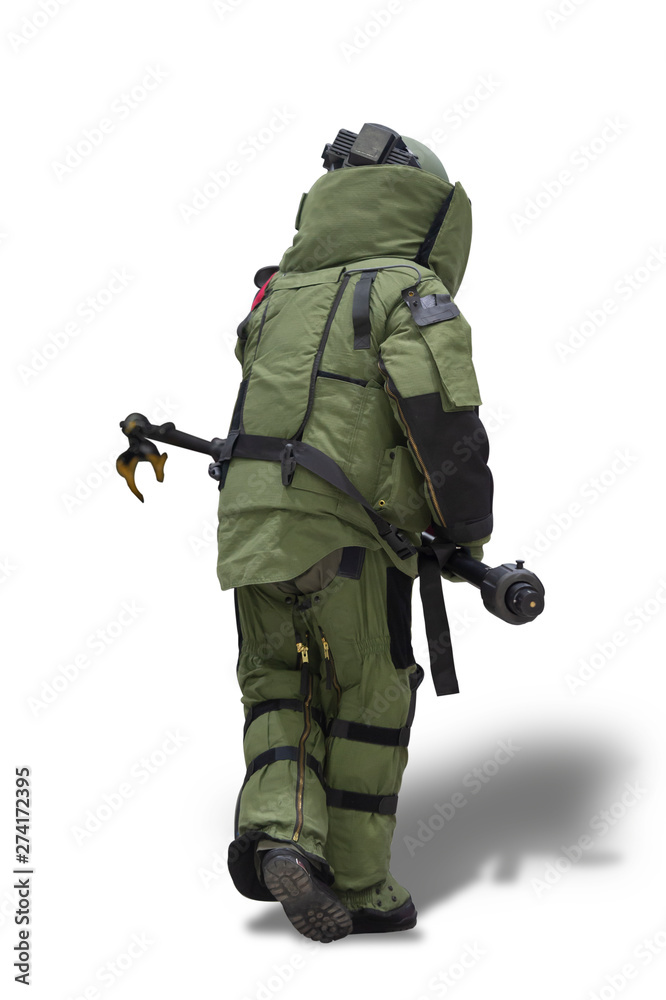 EOD officer in bomb protection suit carry remote arm, isolated on white background with clipping path EOD officer in bomb protection suit carry remote arm, isolated on white background with clipping path