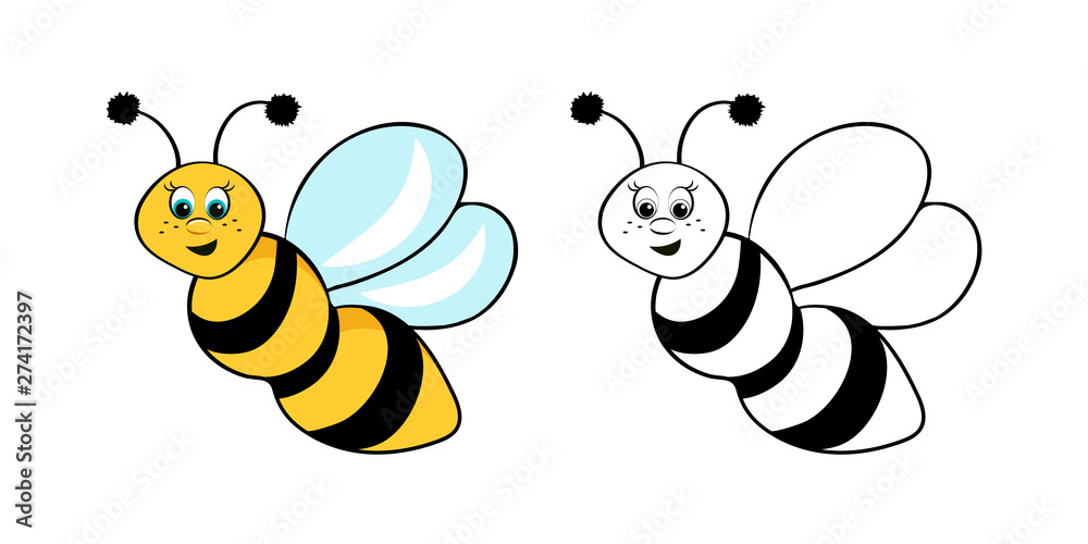 Coloring page outline of cartoon cute bee. Coloring book for kids. Vector  illustration Stock Vector | Adobe Stock