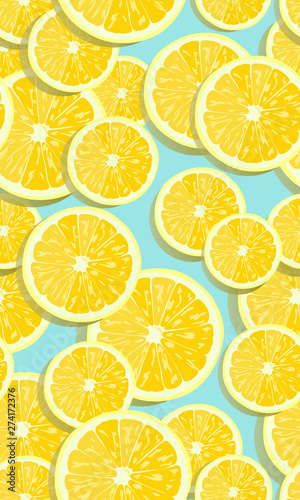 Lemon fruits slice seamless pattern overlapping on blue background with shadow. citrus fruits vector illustration.