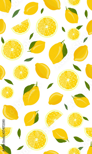 Lemon fruits and slice seamless pattern with leaves on white background. citrus fruits vector illustration.