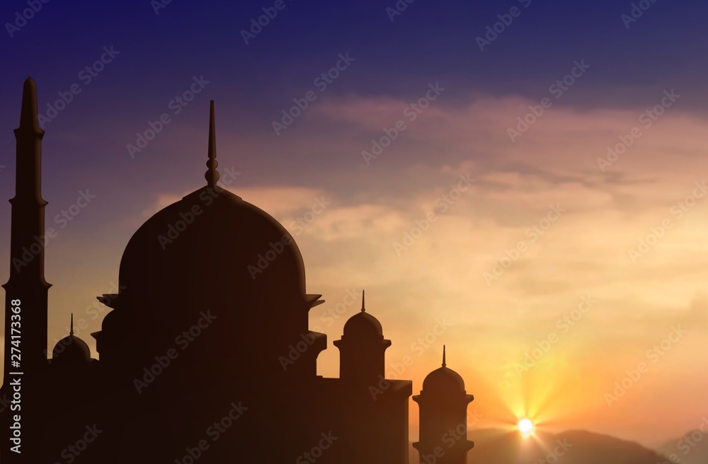 Mosque silhouette during sunset under cloudy sky