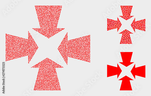 Dotted and mosaic shrink arrows icons. Vector icon of shrink arrows created of randomized circle elements. Other pictogram is created from rectangle elements.