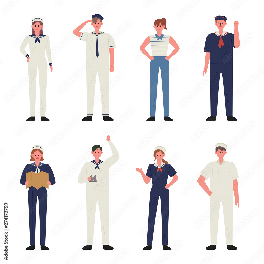 Obraz premium Characters wearing various sailor costumes. flat design style minimal vector illustration.