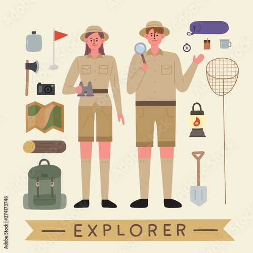 Explorer characters and various exploration equipment. flat design style minimal vector illustration.