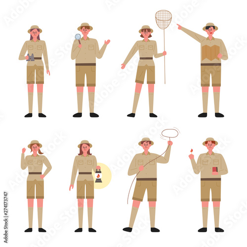 An explorer character set standing with various equipment. flat design style minimal vector illustration.