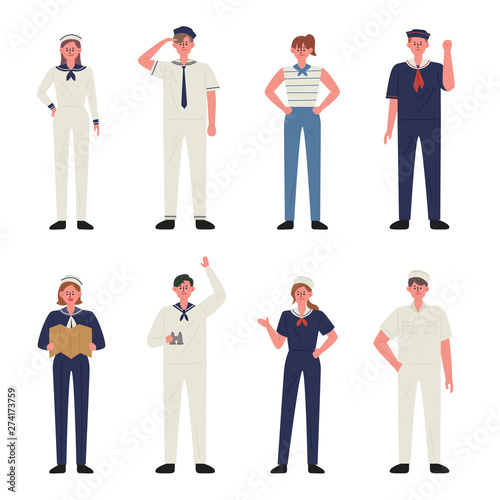Characters wearing various sailor costumes. flat design style minimal vector illustration.