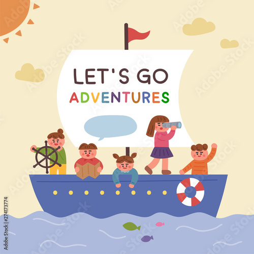 Cute children are exploring on board. flat design style minimal vector illustration.