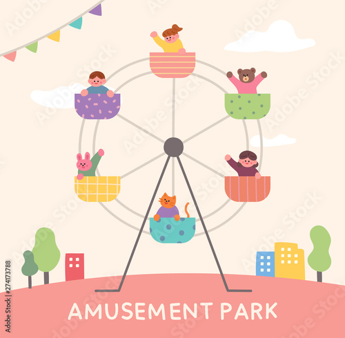 Cute children and animals ride a hot air balloon. Invitation card Illustration concept. flat design style minimal vector illustration.