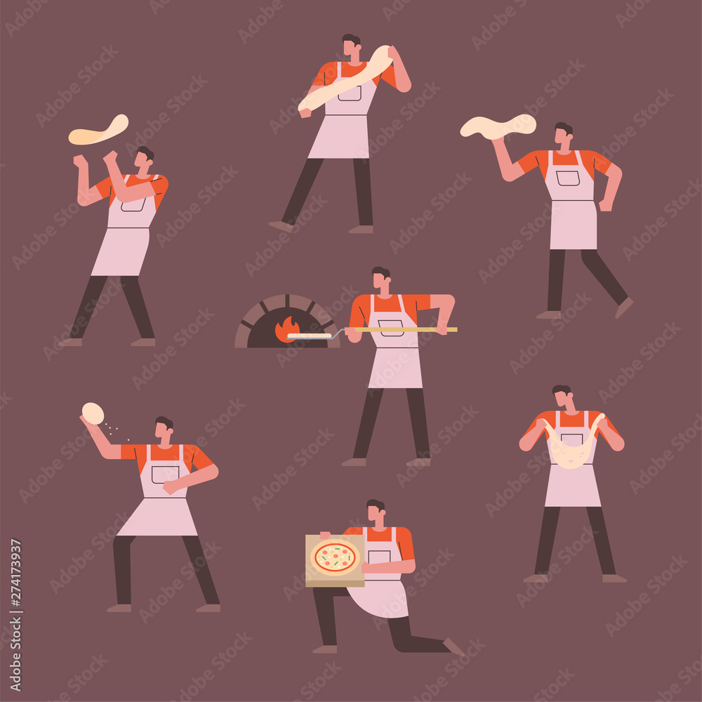 The chef is making pizza. flat design style minimal vector illustration.