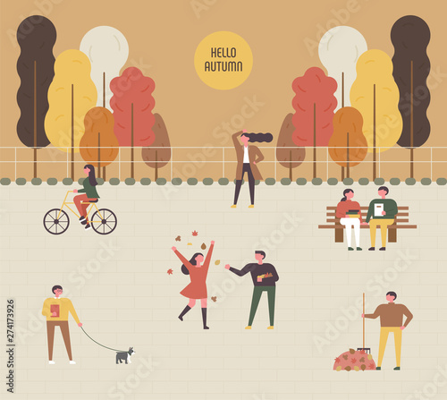People enjoying leisure time in an autumn park. flat design style minimal vector illustration.