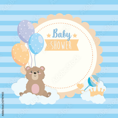 label of teddy bear with ballons and clouds