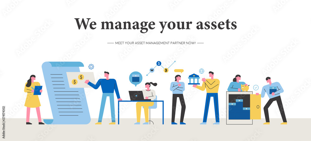 Asset management manager character. Banner concept. flat design style minimal vector illustration.