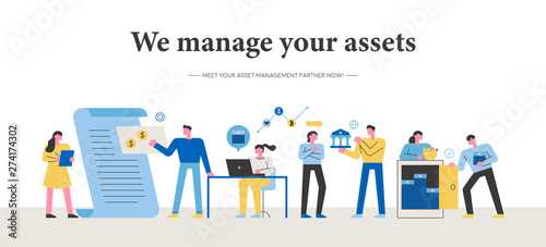 Asset management manager character. Banner concept. flat design style minimal vector illustration.