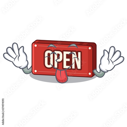 Tongue out open sign above on table cartoon