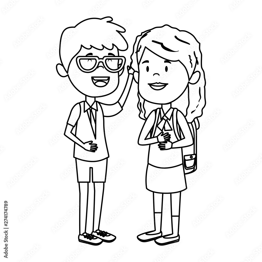 happy little students couple with schoolbag happy little students couple with schoolbag