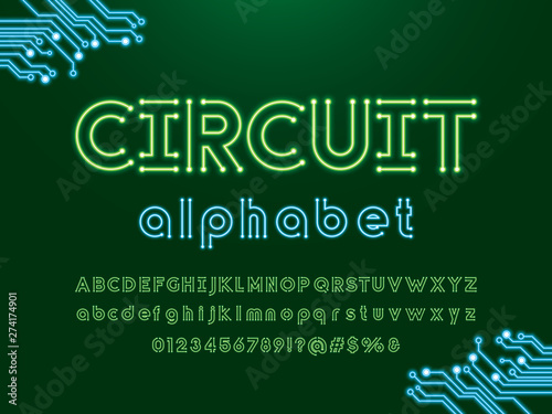 Vector of circuit board neon light alphabet design