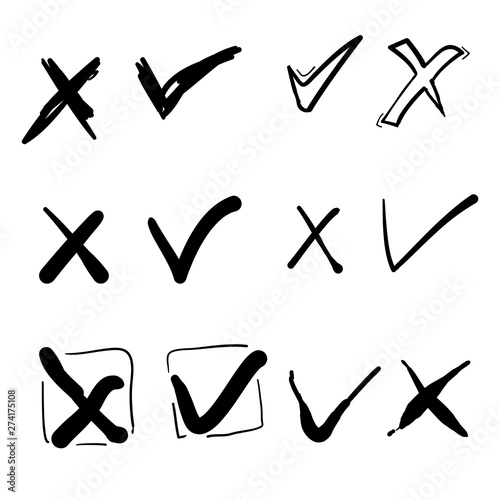 hand drawn check mark icon set in cartoon doodle style