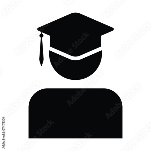 Degree icon vector male student person profile avatar with mortar board hat symbol for school, college and university graduation in flat color glyph pictogram illustration