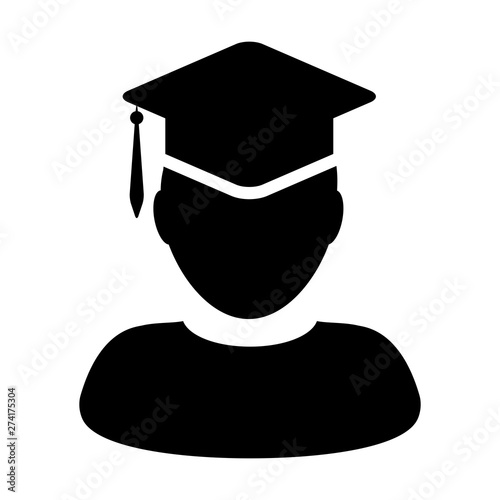 School icon vector male student person profile avatar with mortar board hat symbol for school, college and university graduation degree in flat color glyph pictogram illustration