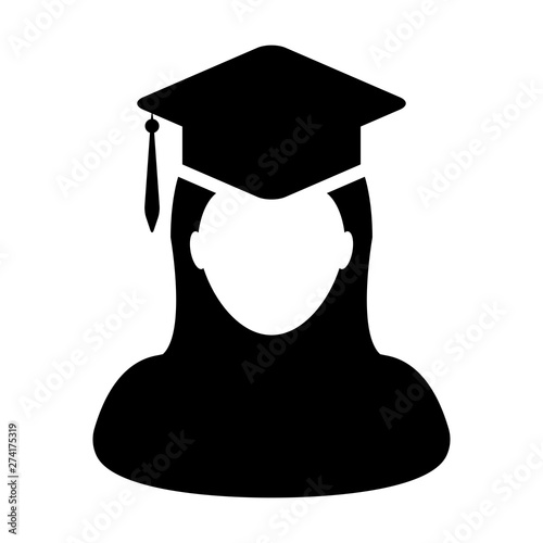 Diploma icon vector female student person profile avatar with mortar board hat symbol for school, college and university degree in flat color glyph pictogram illustration
